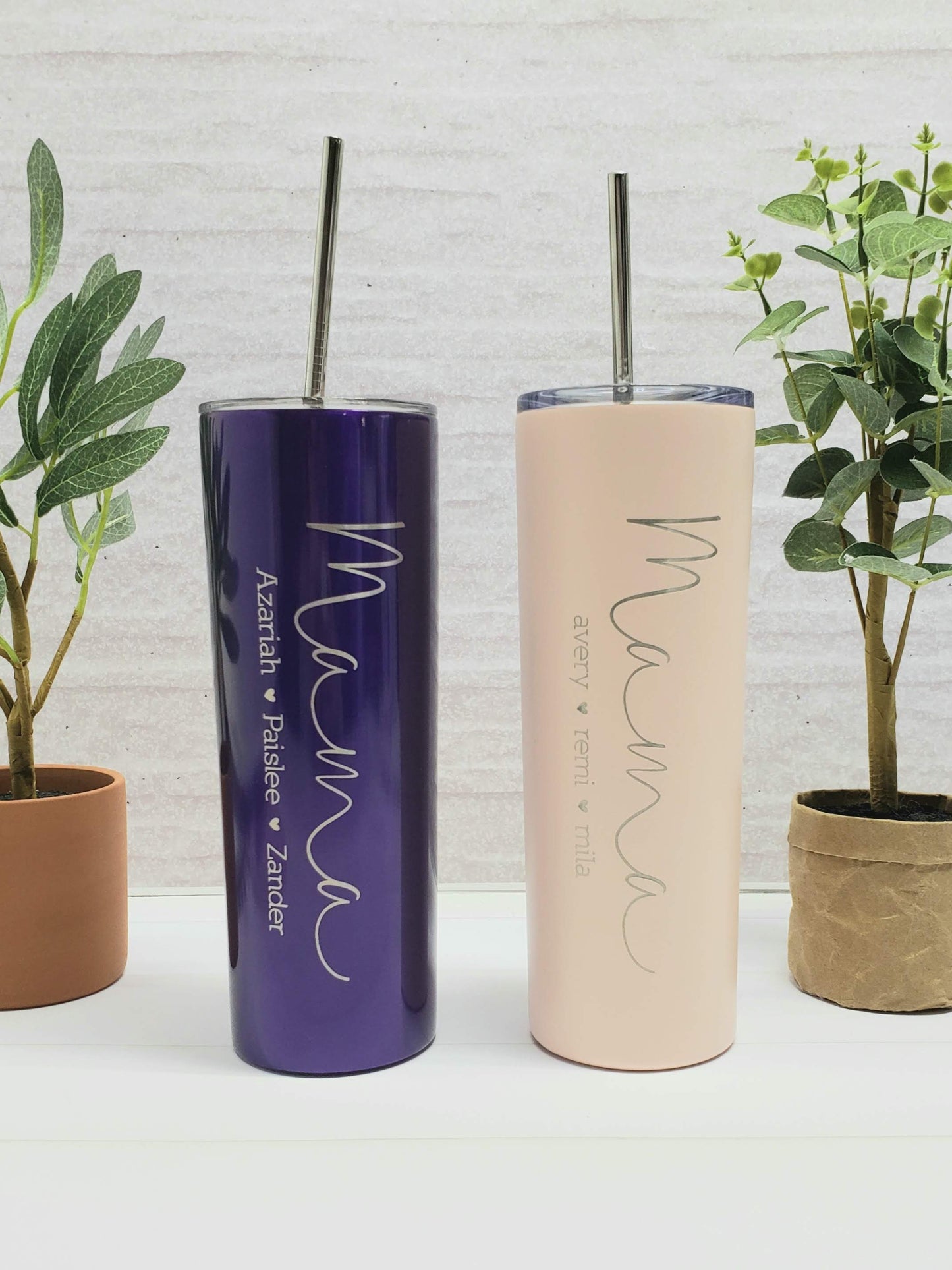 Mama with Kids Names Laser Engraved Matte Blush Tumbler with Straw - Mother's Day Gift