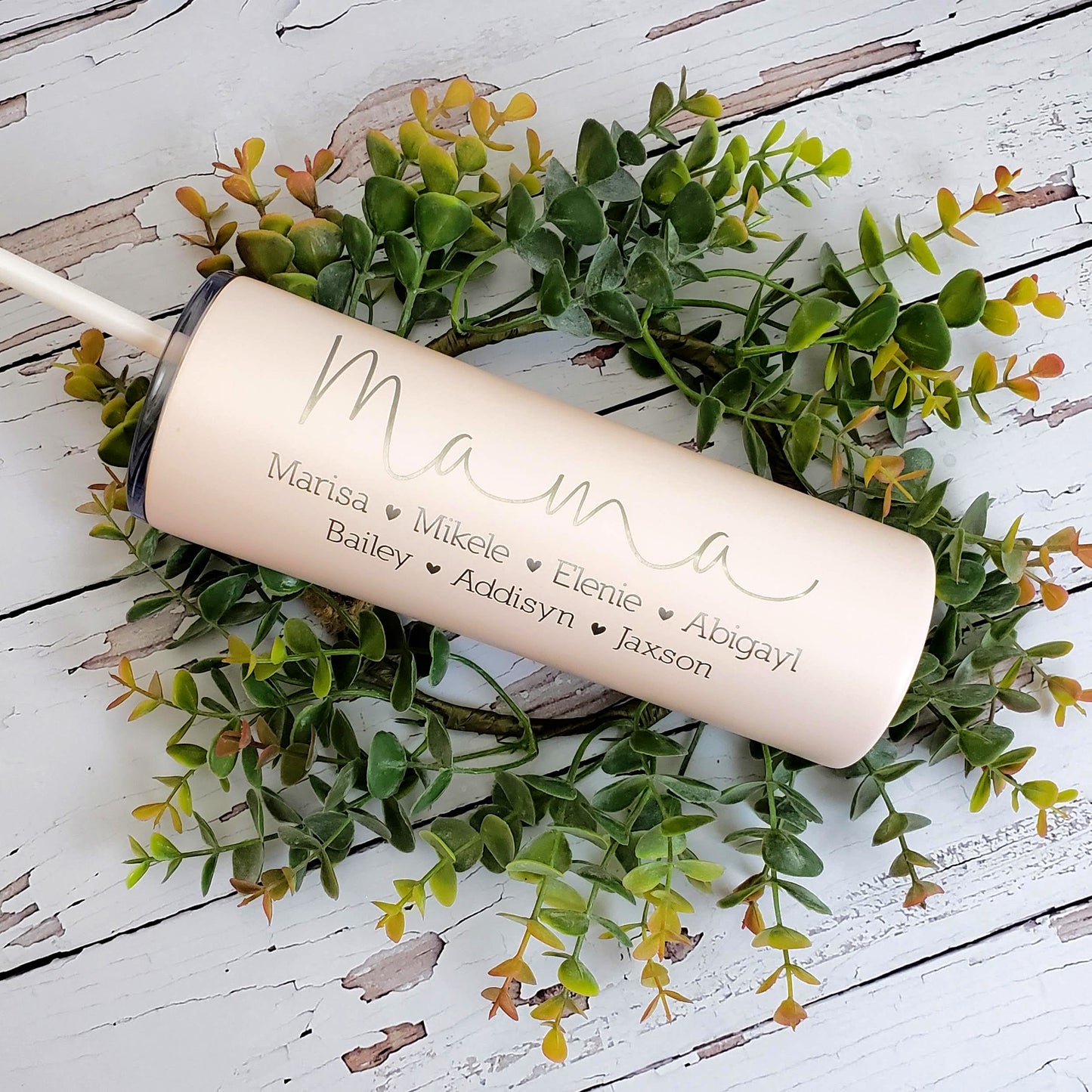 Mama with Kids Names Laser Engraved Matte Blush Tumbler with Straw - Mother's Day Gift