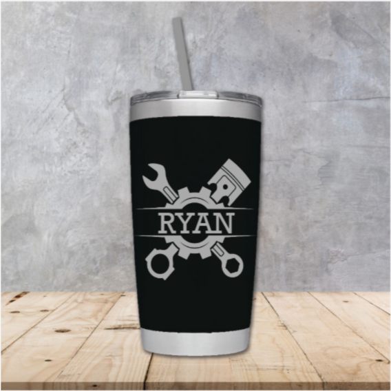 Laser Engraved Tumbler with Tools Graphic and Name