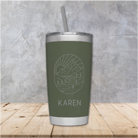 Outdoor Laser Engraved Tumbler with name - 20oz Hot Tumbler with Silver Stainless Straw
