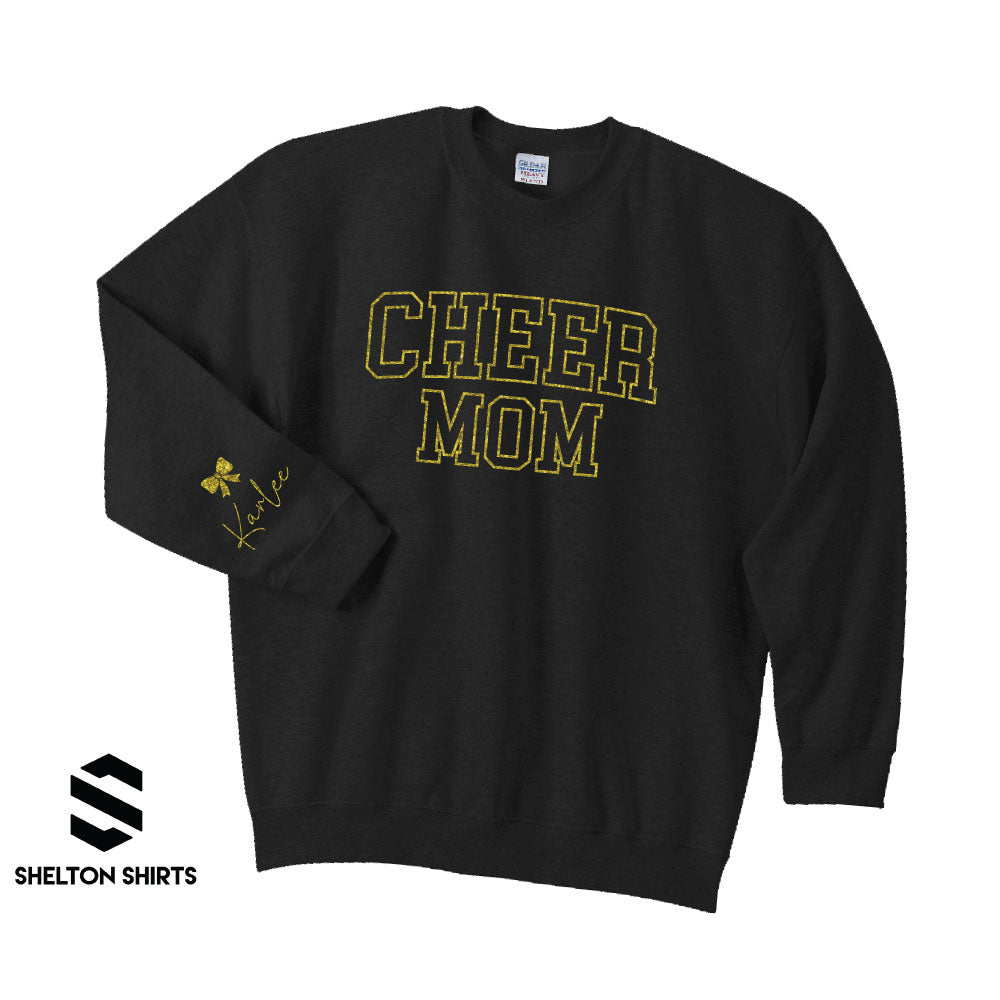 Glitter Cheer Mom with Bow and Name on Sleeve Sweatshirt, Hoodie or T-shirt