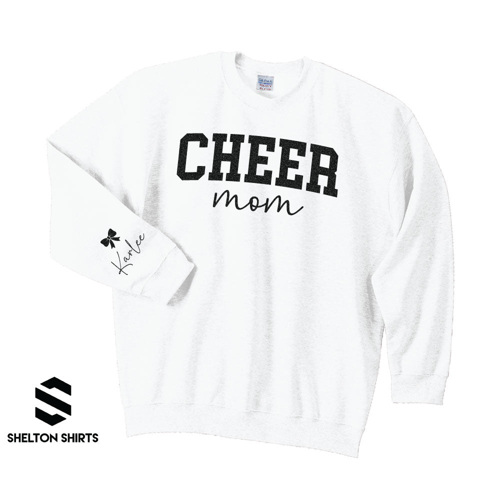 Glitter Cheer Mom with Bow and Name on Sleeve Sweatshirt, Hoodie or T-shirt