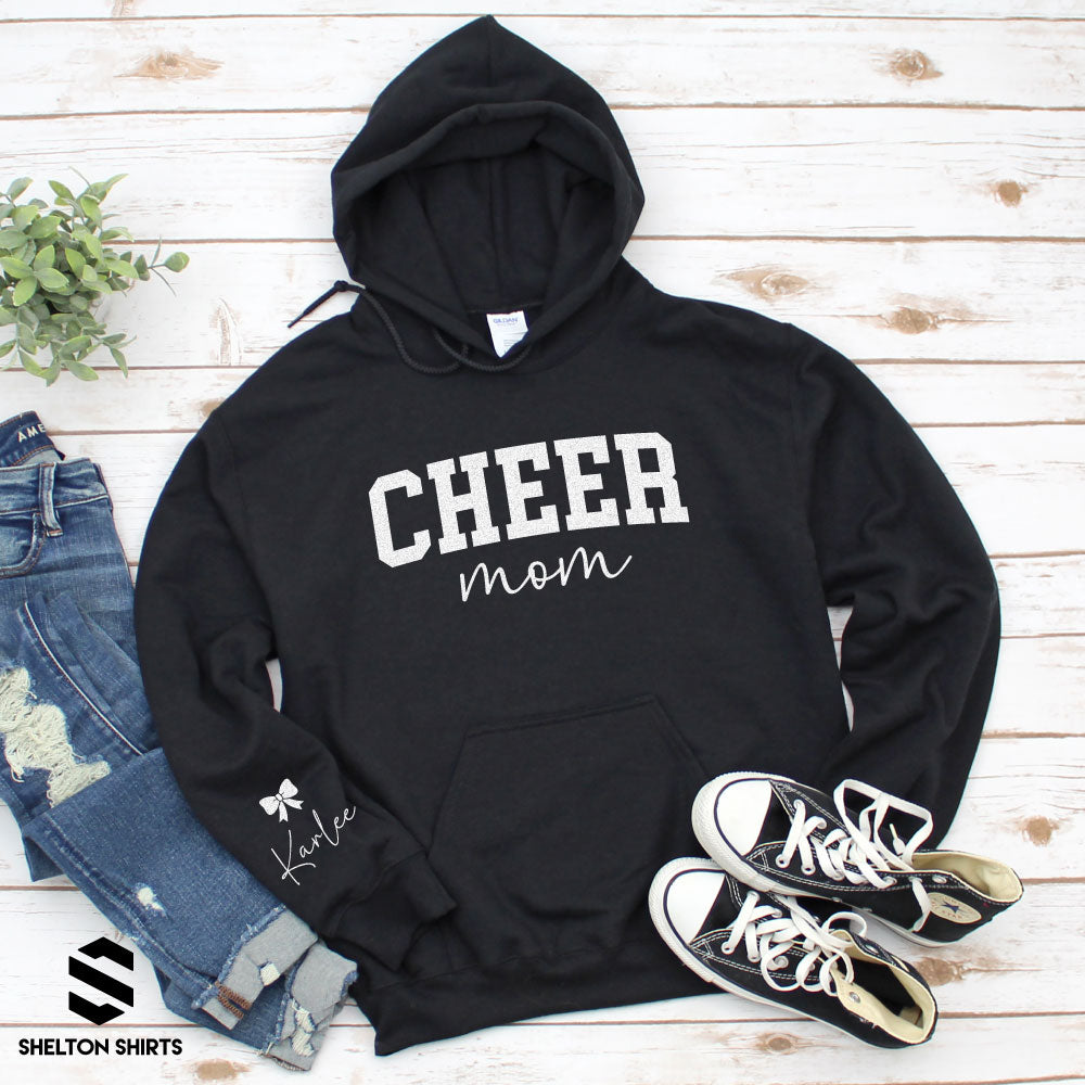 Glitter Cheer Mom with Bow and Name on Sleeve Sweatshirt, Hoodie or T-shirt