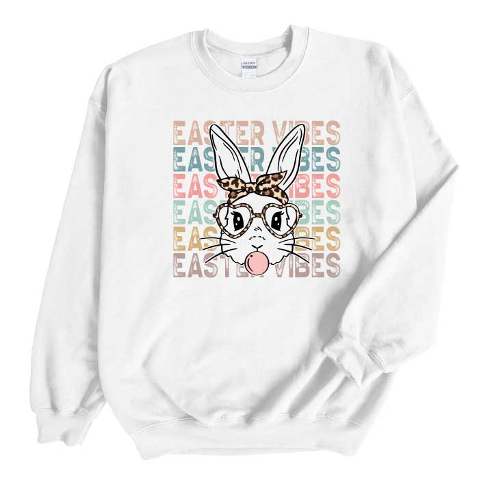 Easter Vibes Bunny with Glasses White Crewneck Sweatshirt