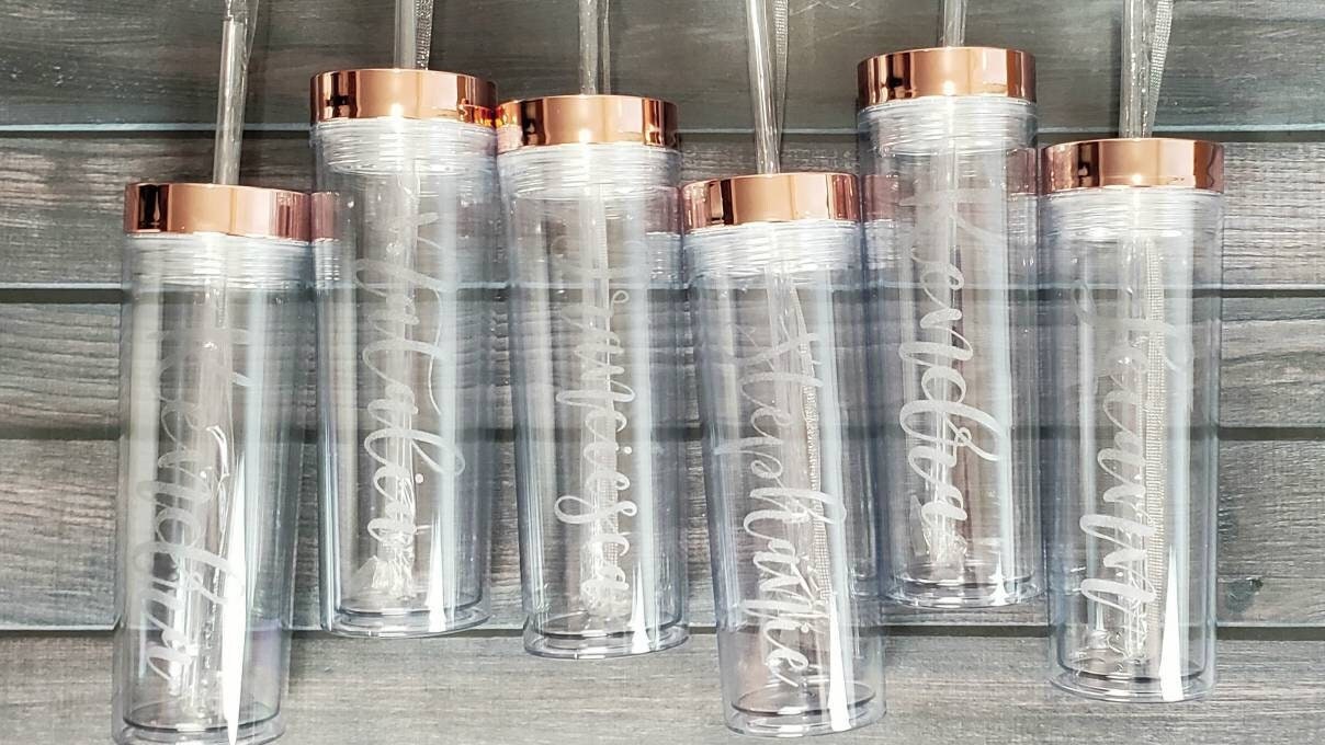 Bridal Party Personalized Handwritten Name Skinny Clear Acrylic Tumbler with Straw
