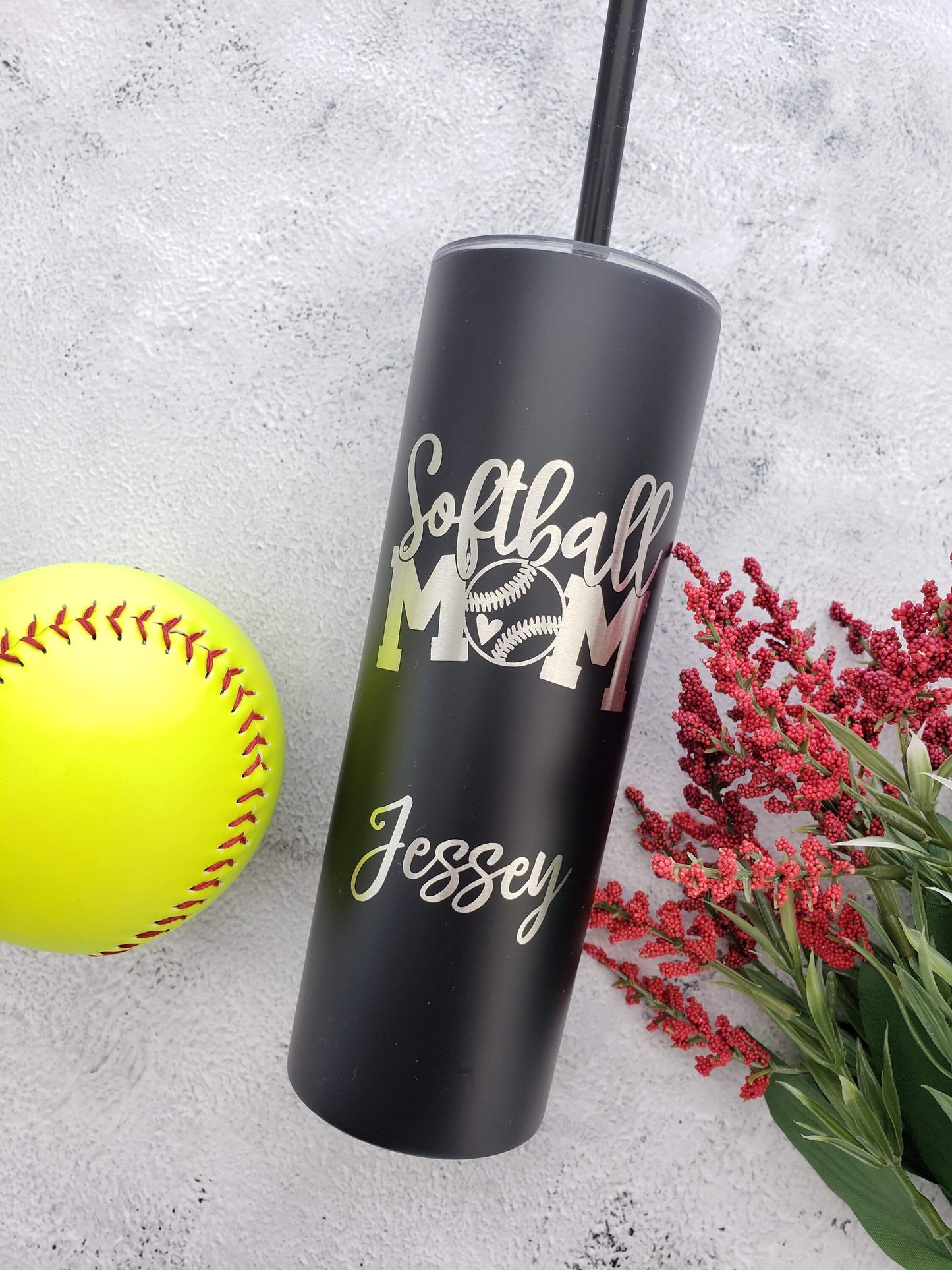 Softball Mom Engraved 20oz Skinny Tumbler - Name Engraved for Free under Graphic