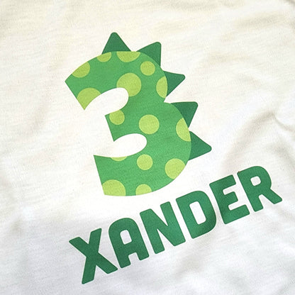 Dinosaur Birthday Shirt with Printed Dino Number and Fun Block Name