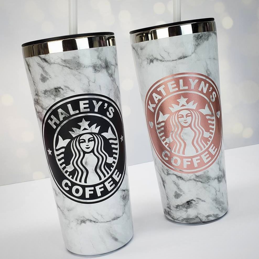 Rose Gold Tumbler with Matte Black Personalized Starbucks Logo Decal