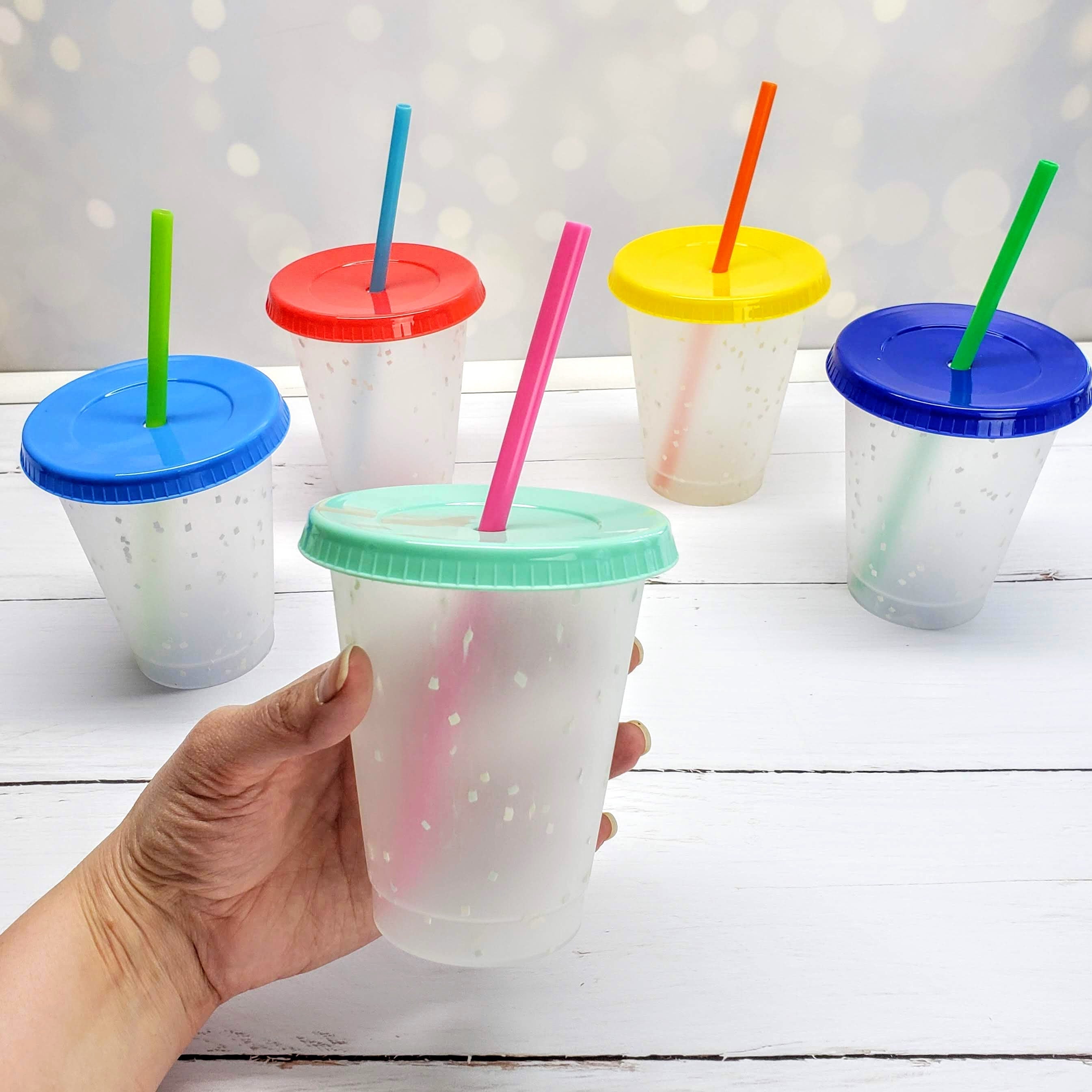 Set of 5 Color Changing Kids Cups with Colored Straws - 16oz Mini