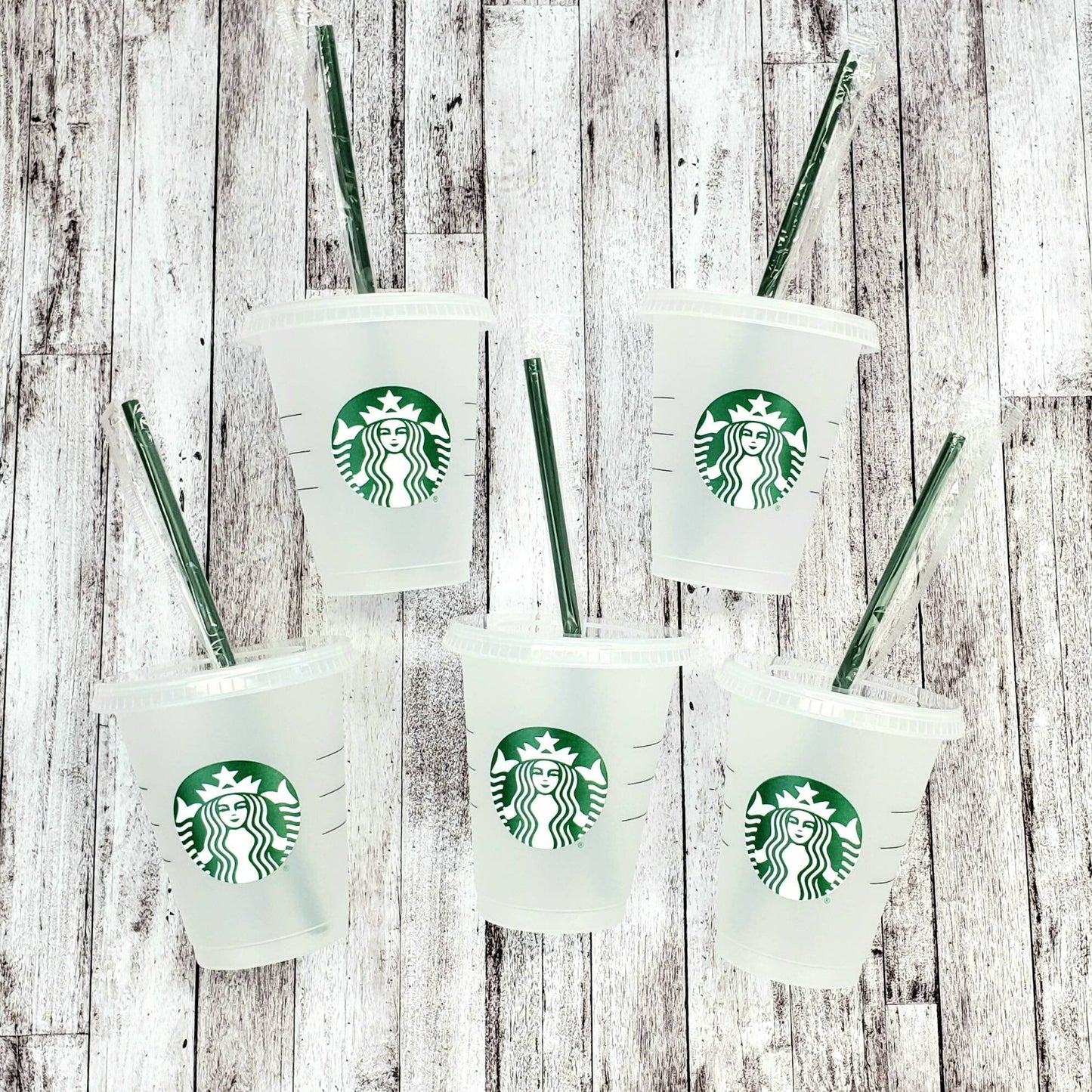 Set of 5 Mini Starbucks Kids Cups with Green Straws - 16oz Mini Cups