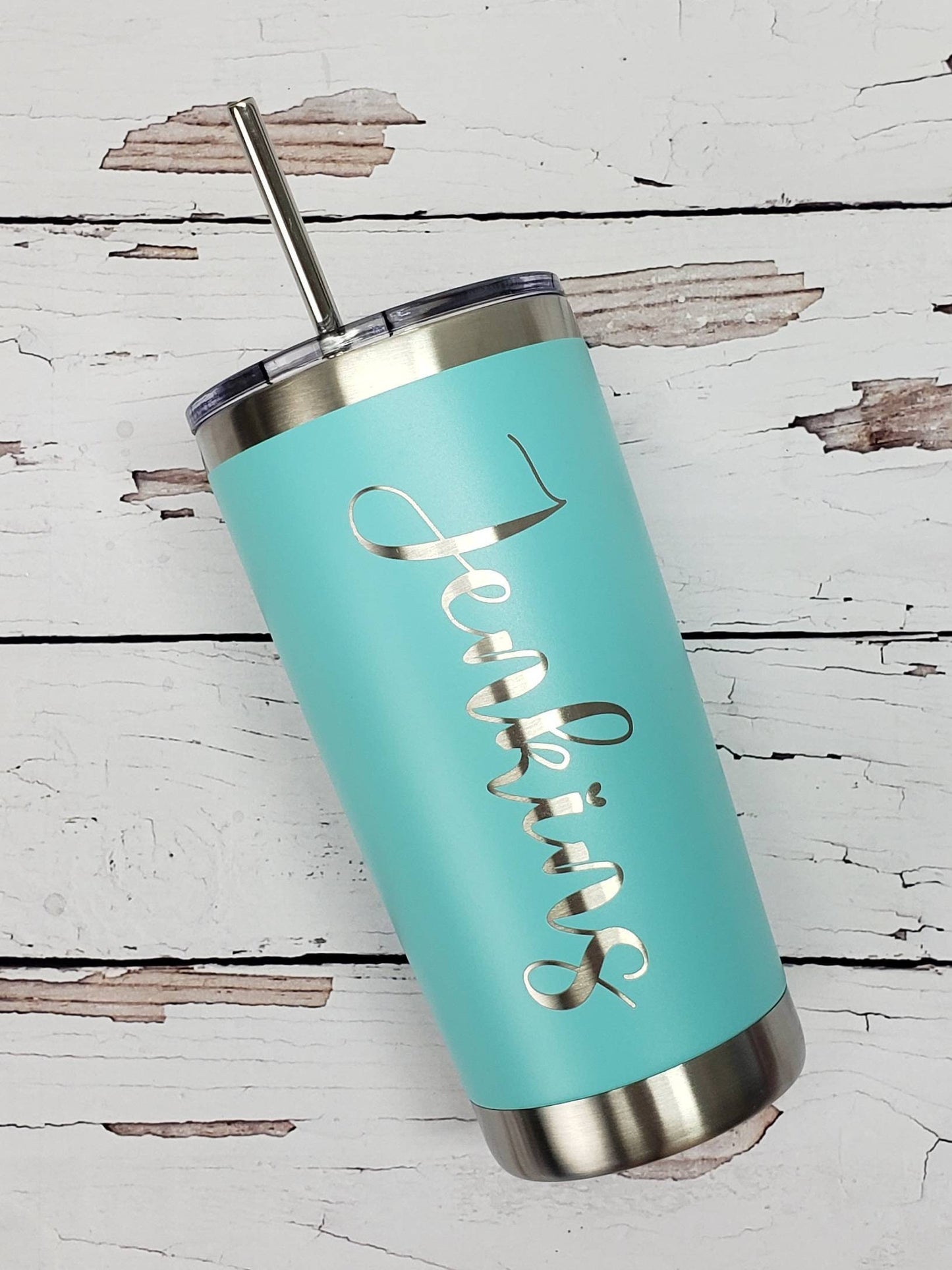 Laser Engraved Script Name Tumbler - 20oz Hot Tumbler with Silver Stainless Straw
