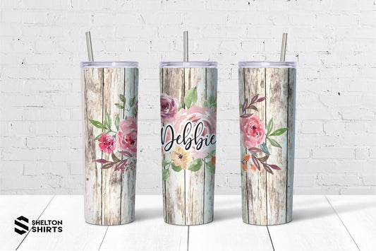 Country Floral Woodgrain Tumbler with Script Name on the Front