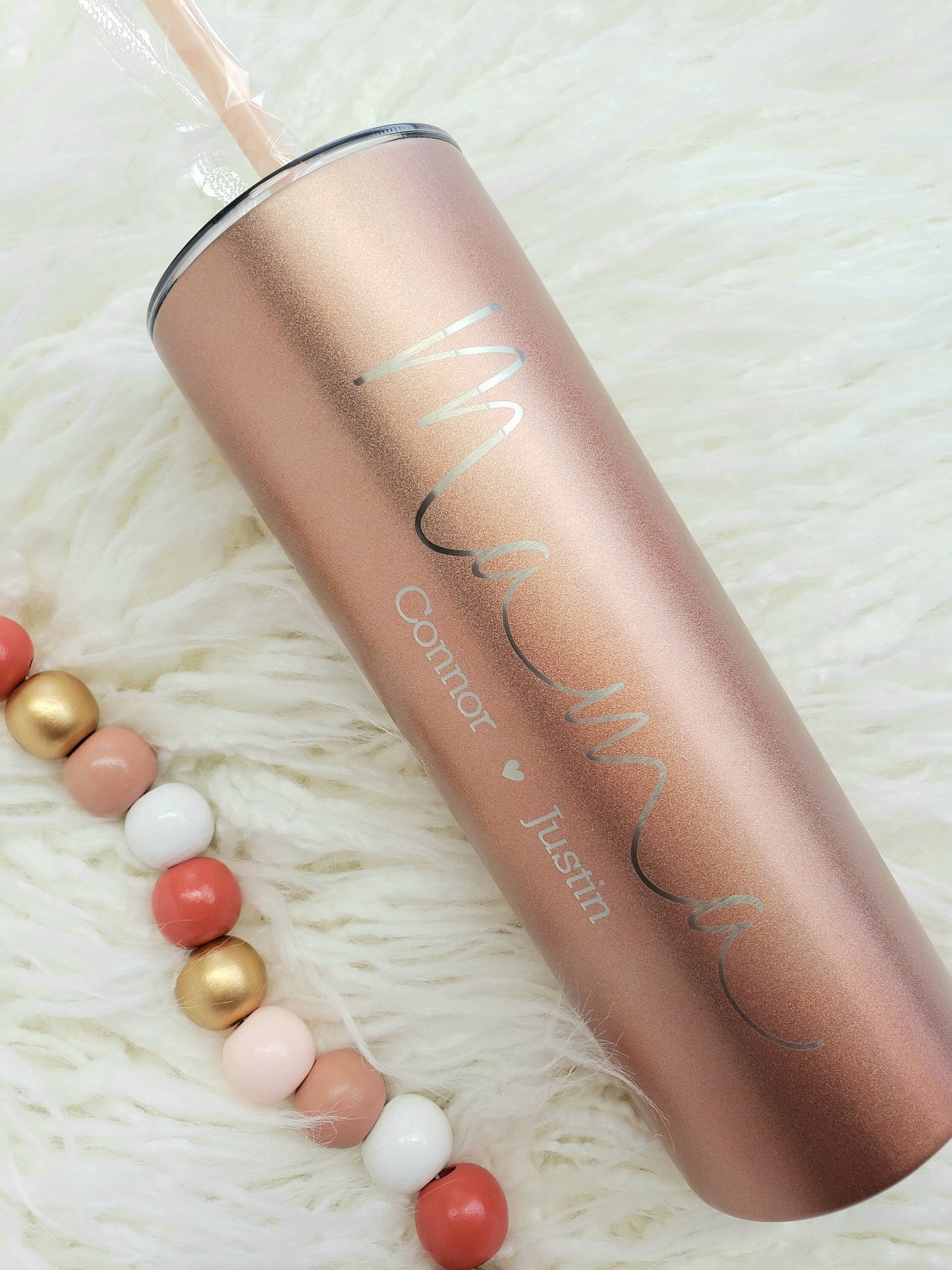 Mama with Kids Names Laser Engraved Matte Blush Tumbler with Straw - Mother's Day Gift