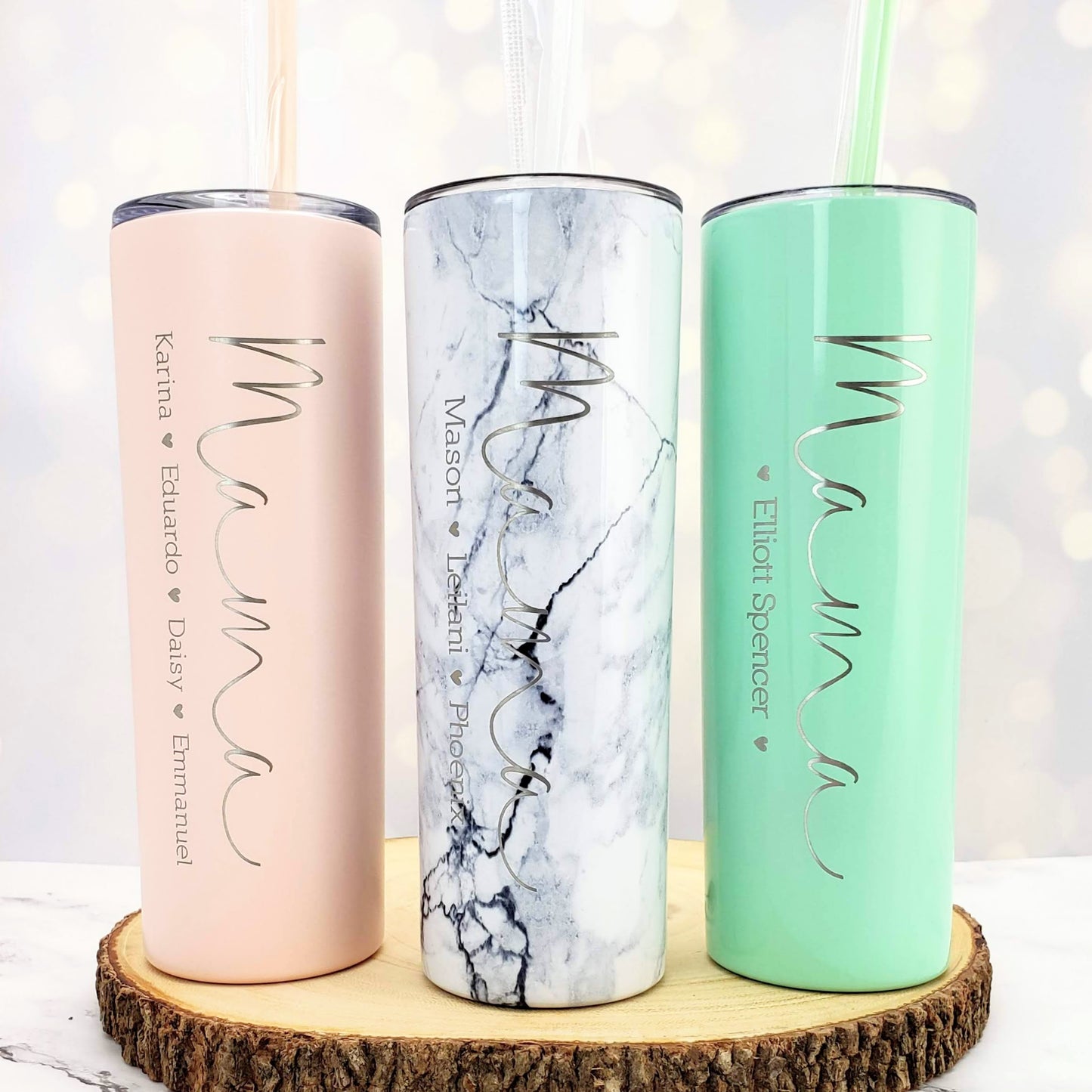Mama with Kids Names Laser Engraved Matte Blush Tumbler with Straw - Mother's Day Gift