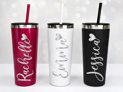 Three personalized tumblers with names 'Rachelle', 'Emma', and 'Jessica' on a white background.