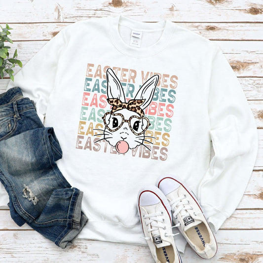 Easter Vibes Bunny with Glasses White Crewneck Sweatshirt