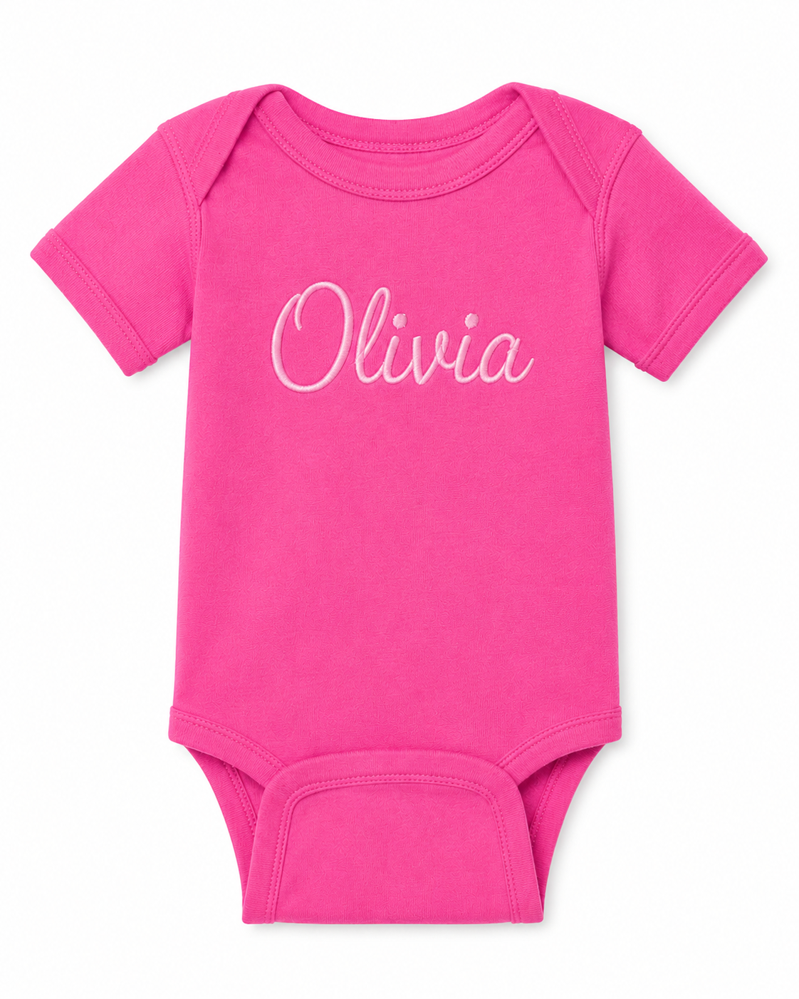 Pink baby onesie with 'Olivia' printed on it against a white background