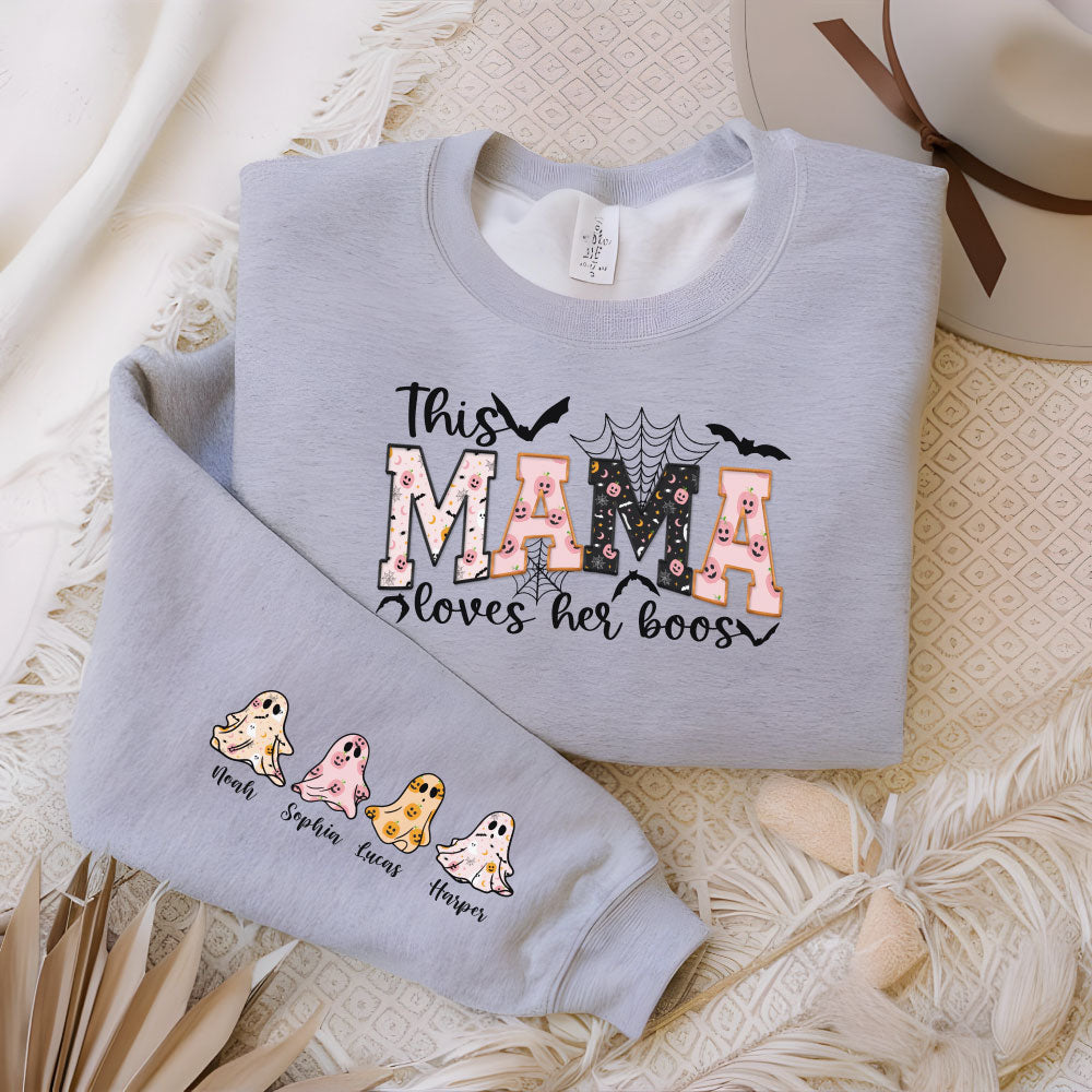 This Mama Loves Her Boos Personalized with Kids Names Halloween Sweatshirt - Preorder will ship 10/4/24