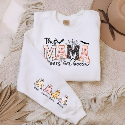 This Mama Loves Her Boos Personalized with Kids Names Halloween Sweatshirt - Preorder will ship 10/4/24