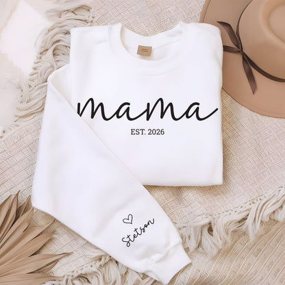 Mama Est 2026 with Name on Sleeve Crewneck Sweatshirt
