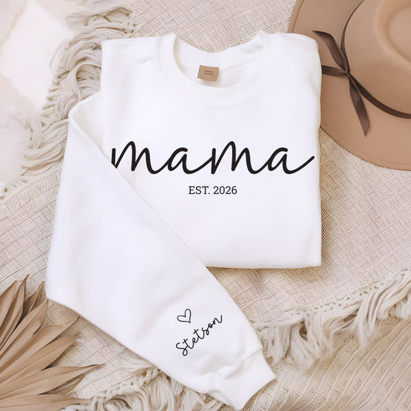 Mama Est 2026 with Name on Sleeve Crewneck Sweatshirt