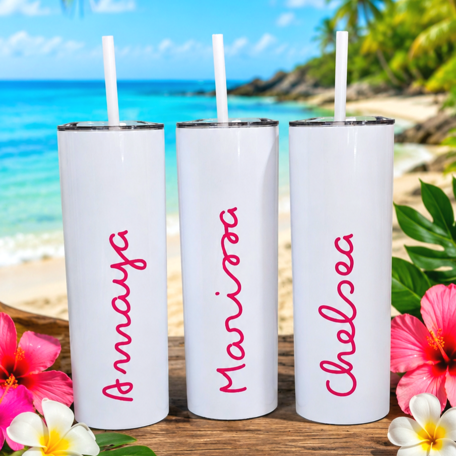 Love Island White 20oz Tumbler with Hot Pink Name