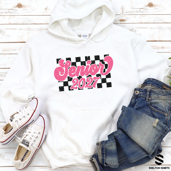 Senior 2027 Pink Retro Checkered White Hoodie