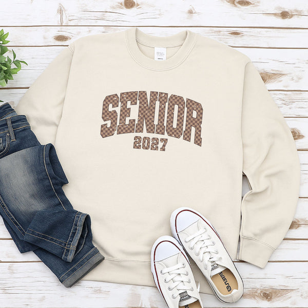 Senior 2027 Brown Checkered Sand Crewneck Sweatshirt