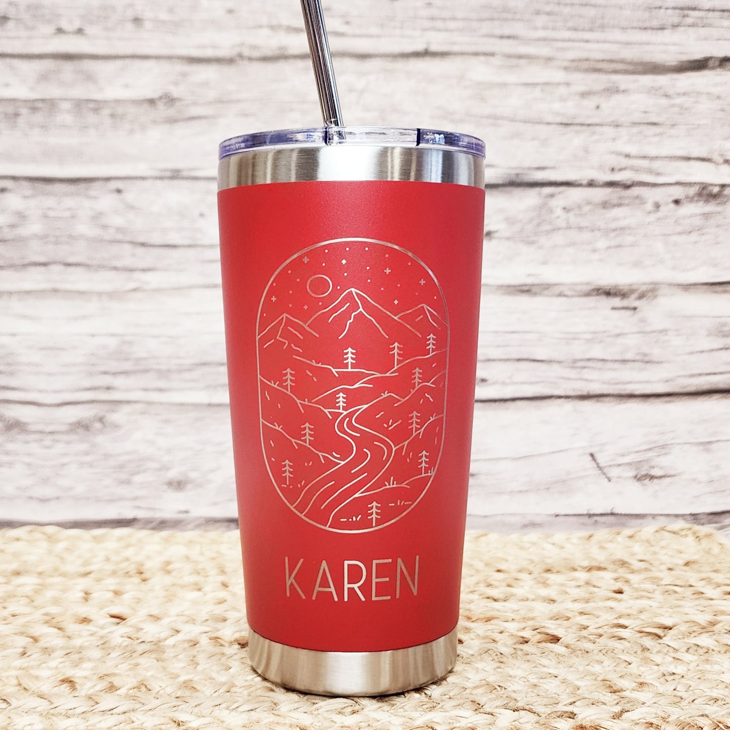 Outdoor Laser Engraved Tumbler with name - 20oz Hot Tumbler with Silver Stainless Straw