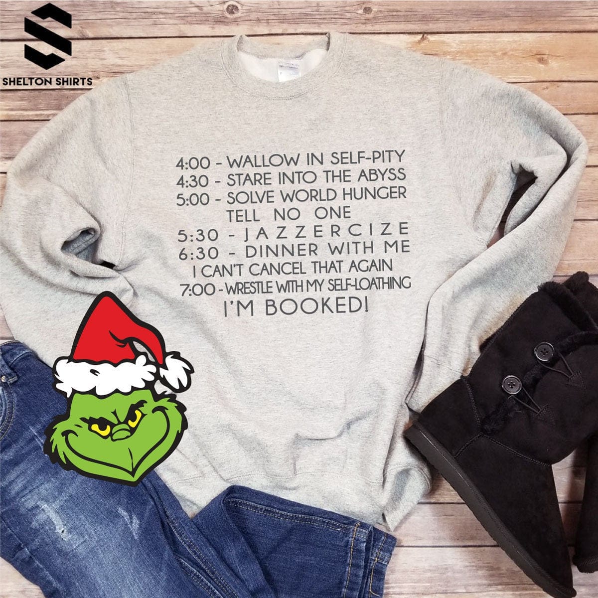 4:00 Wallow in Self Pity Daily Routine The Grinch Quote Crew Neck