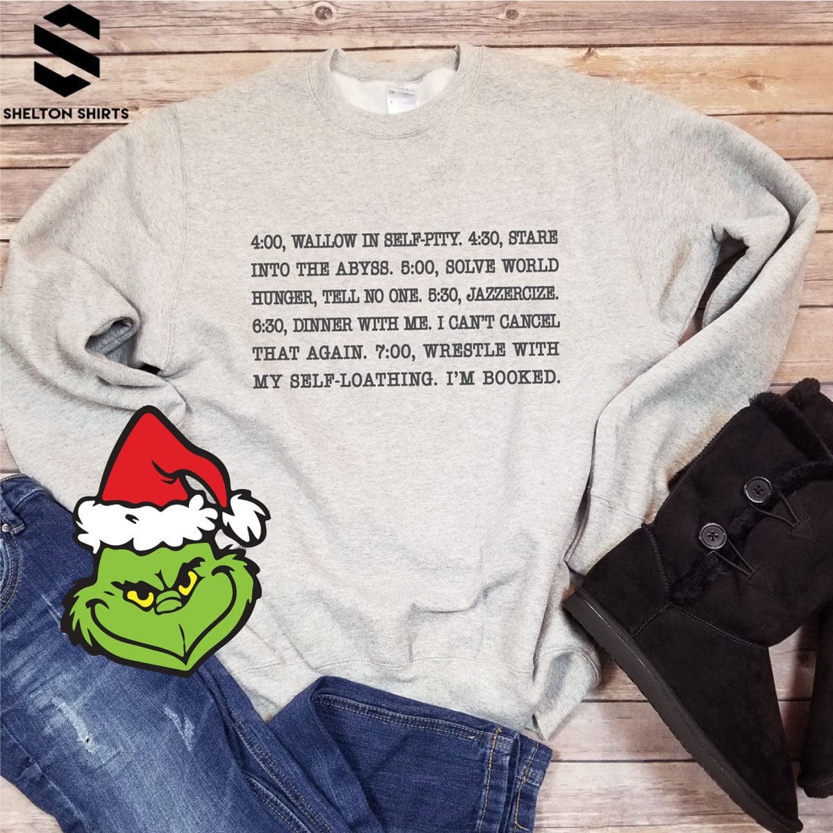 4:00 Wallow in Self Pity Daily Routine The Grinch Quote Crew Neck Sweatshirt