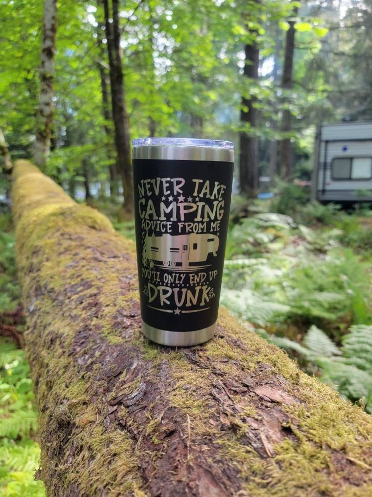 Engraved Black Funny Camping Tumbler with name on Back