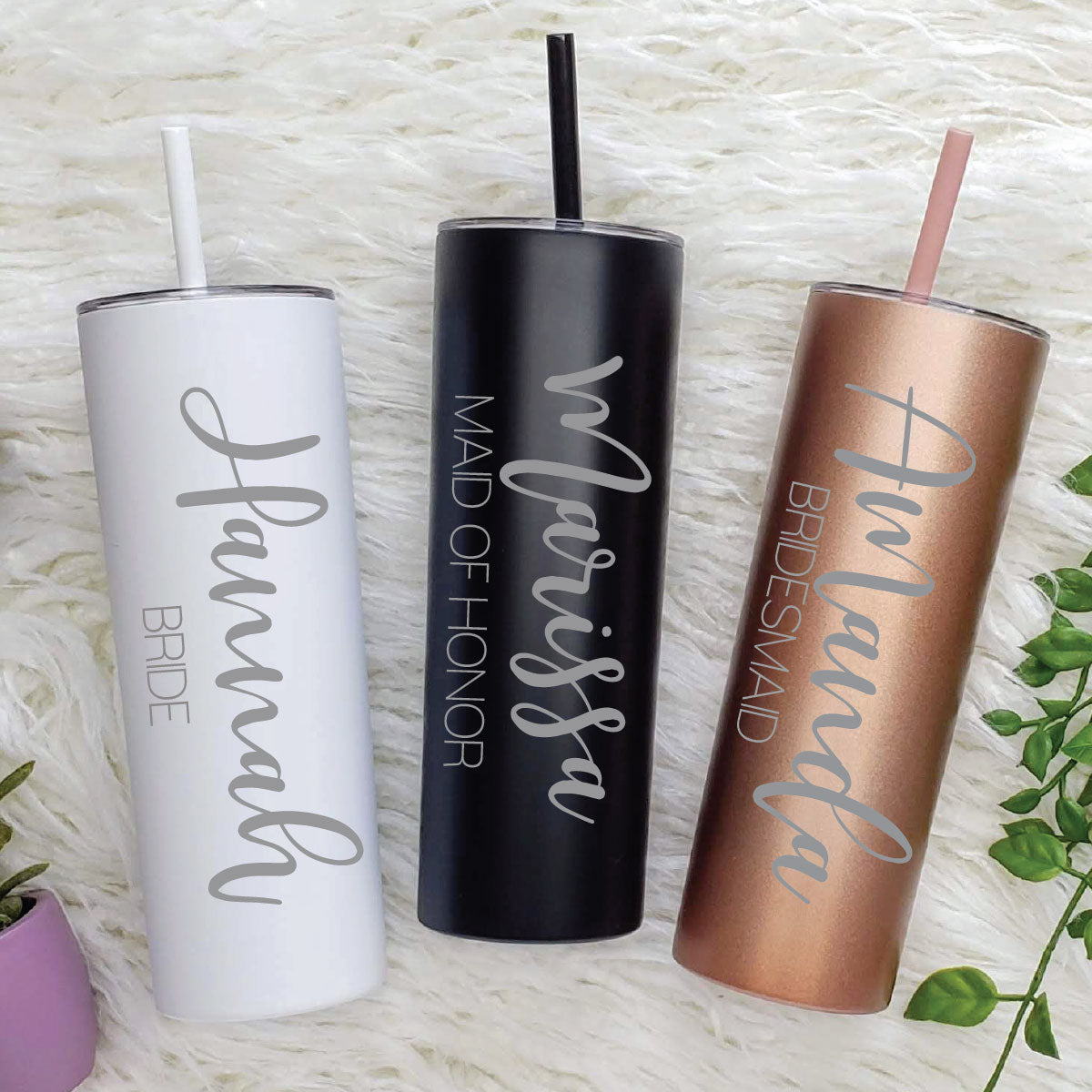 Set of 4 Stainless Steel Etched Tumblers. Bridesmaid Tumbler with