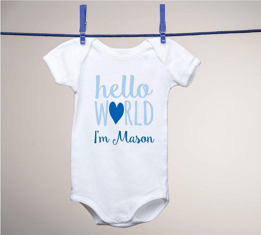 Hello World with Heart Personalized Baby Onesie