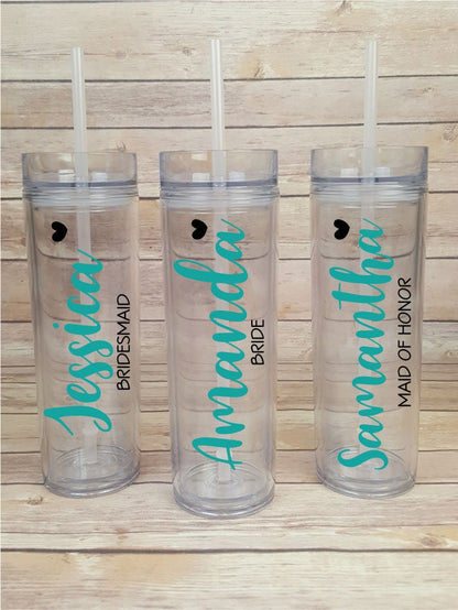 Personalized Bridal Party with Heart Acrylic Tumbler Cup with Straw and free personalization
