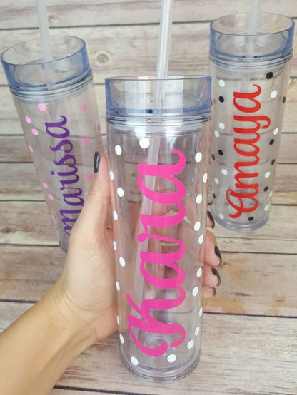 Personalized Polka Dot Name Cute Acrylic Clear Tumbler with Straw and Free Personalization