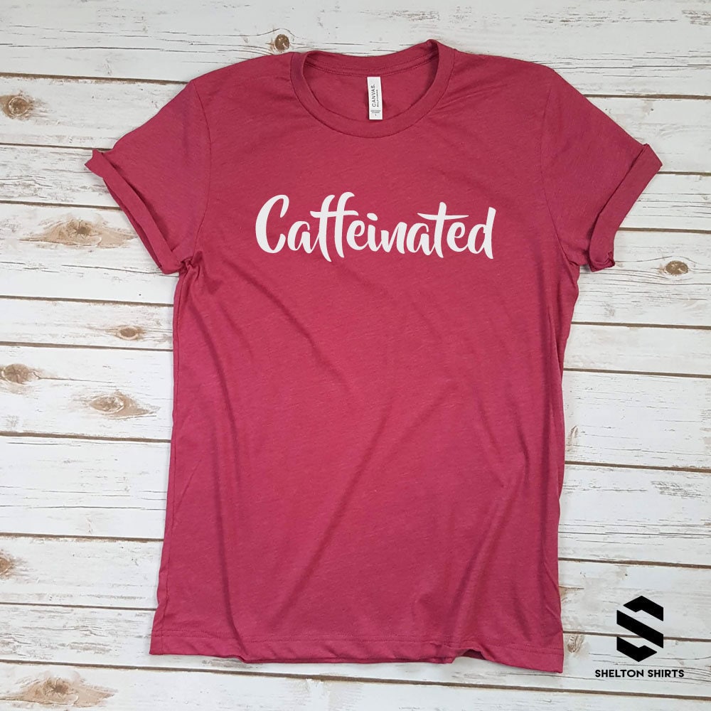 Caffeinated Script Word Font on Super Soft Heather Raspberry Cotton Comfy T-Shirt