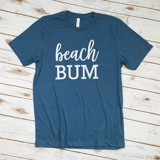 Beach Bum Script Word Font on Super Soft Heather Deep Teal Cotton Comfy T-Shirt