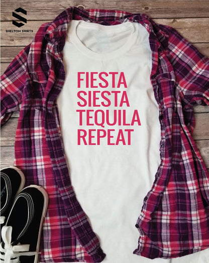 Fiesta Siesta Tequila Repeat Word Font T-Shirt