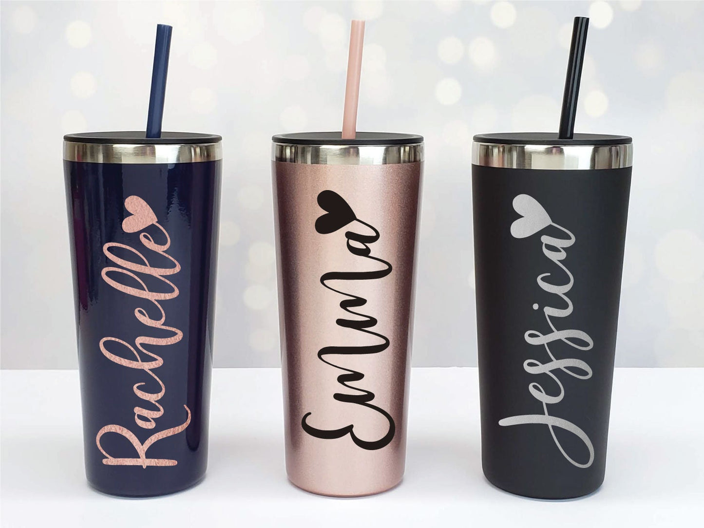 Rose Gold Tumbler Personalized Name with Heart - Bridal Party Gift