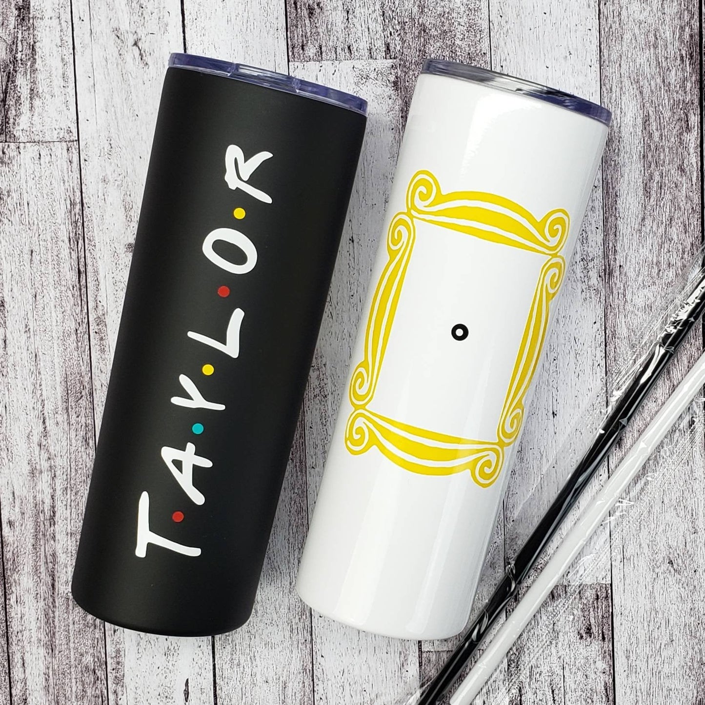 Personalized Tumbler with Yellow Frame with Peephole and your name in the FRIENDS style