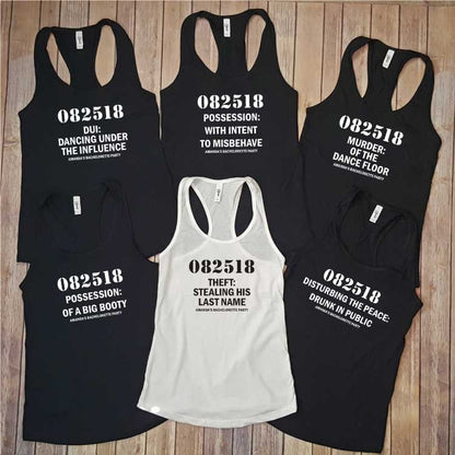 Bachelorette Mugshot Lineup with Crimes Funny Custom Party Racerback Tank Tops