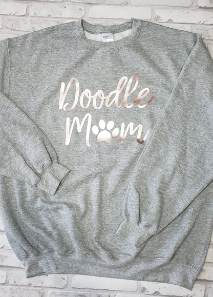 Doodle Mom Script in Rose Gold on Heather Grey Super Comfy Crew Neck Unisex Sweatshirt