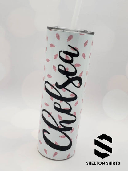 Personalized Script Name and Glitter Pink Petals Tumbler