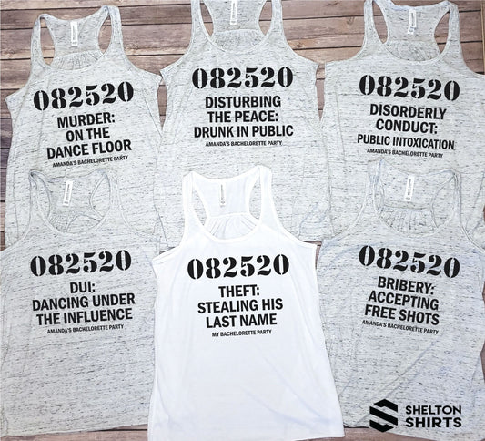 Bachelorette Mugshot Lineup with Crimes Funny Custom Party Ruched Racerback Tank Tops