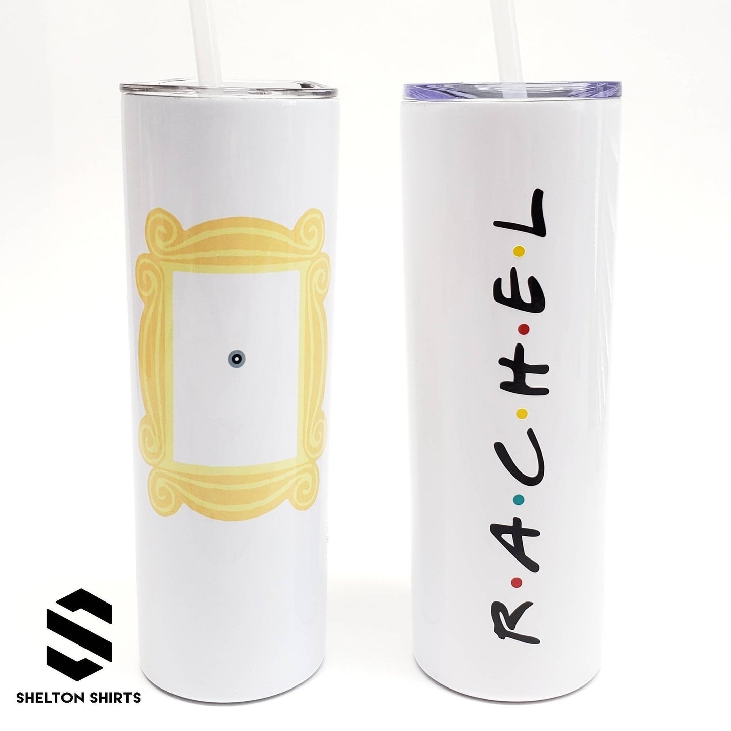 Tumbler with Yellow Frame and Peephole and Your Name in the F.R.I.E.N.D.S style on the back