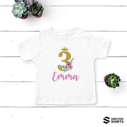 Personalized Girls Birthday Shirt with Printed Glitter Number and Script Name