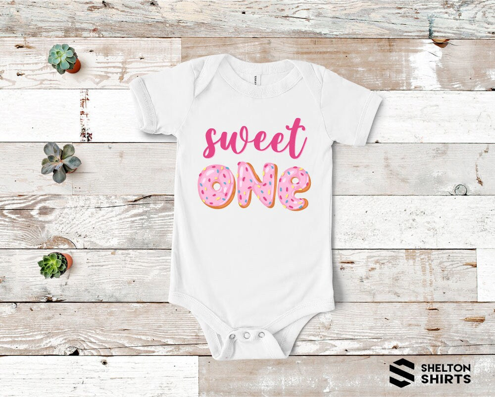 Sweet One Pink Donuts Birthday Shirt with Permanent Print on Toddler Onesie