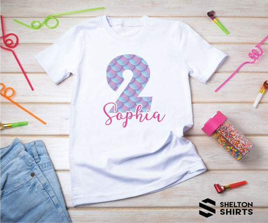 Mermaid Birthday Shirt with Printed Scale Number and Script Name