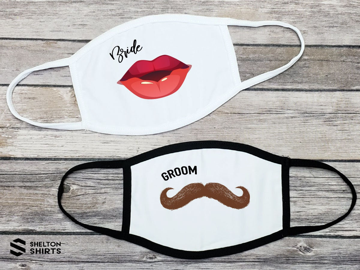 Bride Lips and Groom Mustache Wedding Facemasks - Set of 2